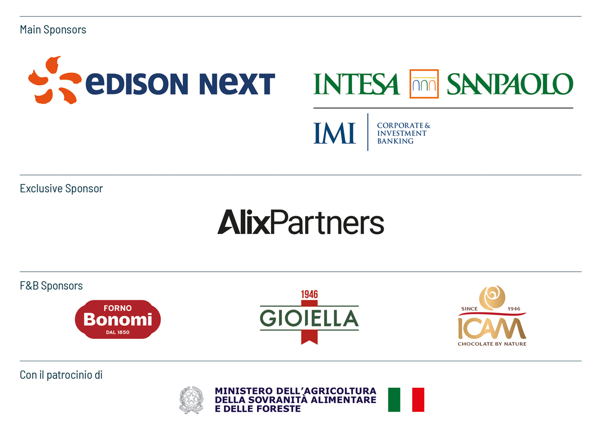 Sponsor Food Summit 2026: Edison Next, Intesa Sanpaolo, AlixPartners, Bonomi, Gioiella, ICAM e Ministero Agricoltura.
