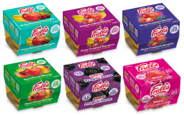 Frullà Bi-pack: confezioni miste di frutta 100% polpa (mela, banana, fragola, mirtillo, pesca, mango, prugna). Senza zuccheri aggiunti.