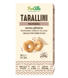 Tarallini ForAlle multicereali senza glutine. Snack vegano, fonte di fibre e formulato per celiaci.