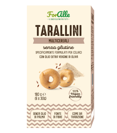 Tarallini ForAlle multicereali senza glutine. Snack vegano, fonte di fibre e formulato per celiaci.