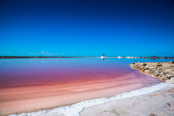 Salina con acqua rosa e cielo blu. Atisale, consulenti scaffale sale.