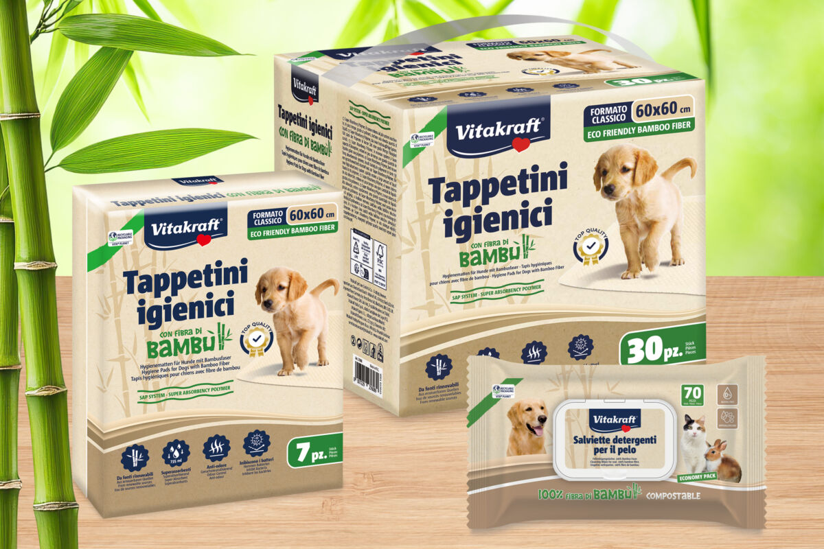 Vitakraft: tappetini igienici con bambù e salviette detergenti per cani e gatti. Eco-friendly e compostabili.