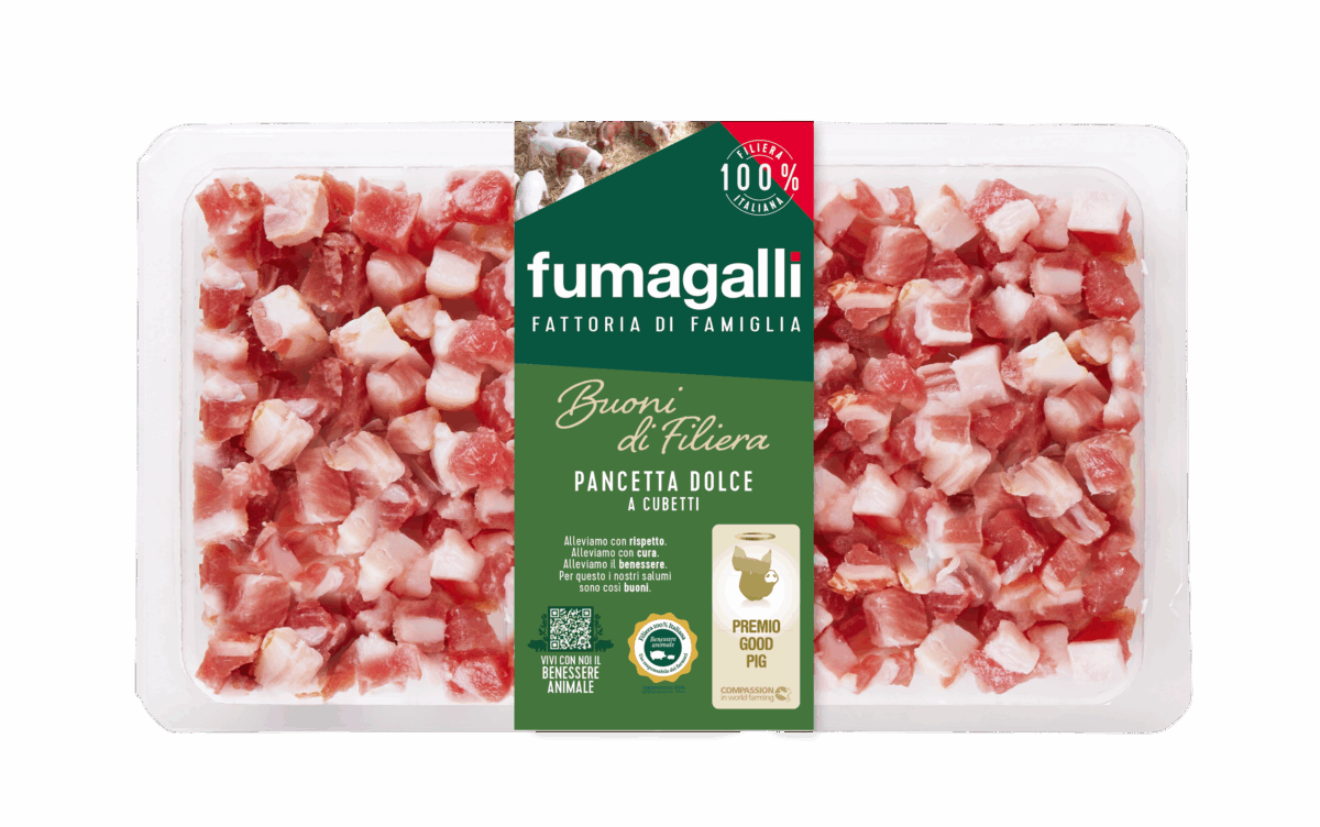 Pancetta dolce a cubetti Fumagalli, salumi italiani di filiera.