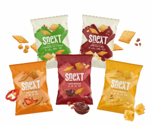 Snack Snext: quadratini bio lenticchie, ceci e piselli; rettangolini mais e lenticchie, gusti vari.