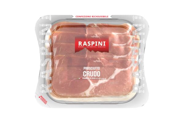 Prosciutto crudo Raspini in confezione richiudibile Mangia&Chiudi. Affettati italiani.