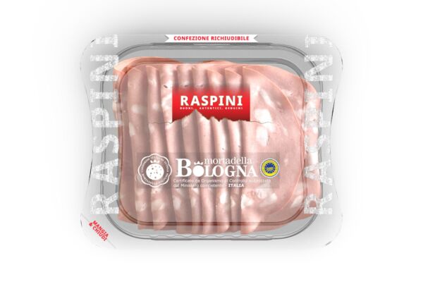 Affettati Raspini Mangia&Chiudi: mortadella Bologna IGP in confezione richiudibile.