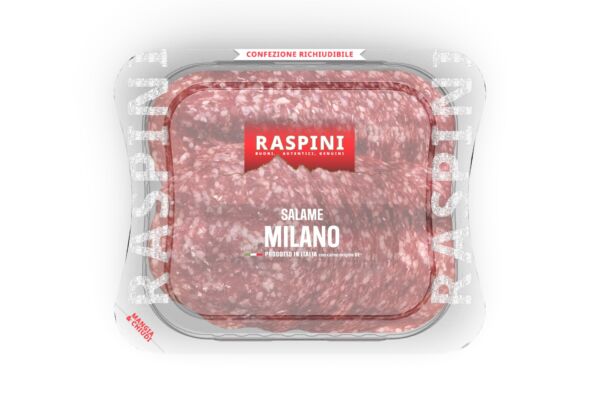 Salame Milano Raspini, linea Mangia&Chiudi. Affettato in confezione richiudibile da 110g. Prodotto italiano.