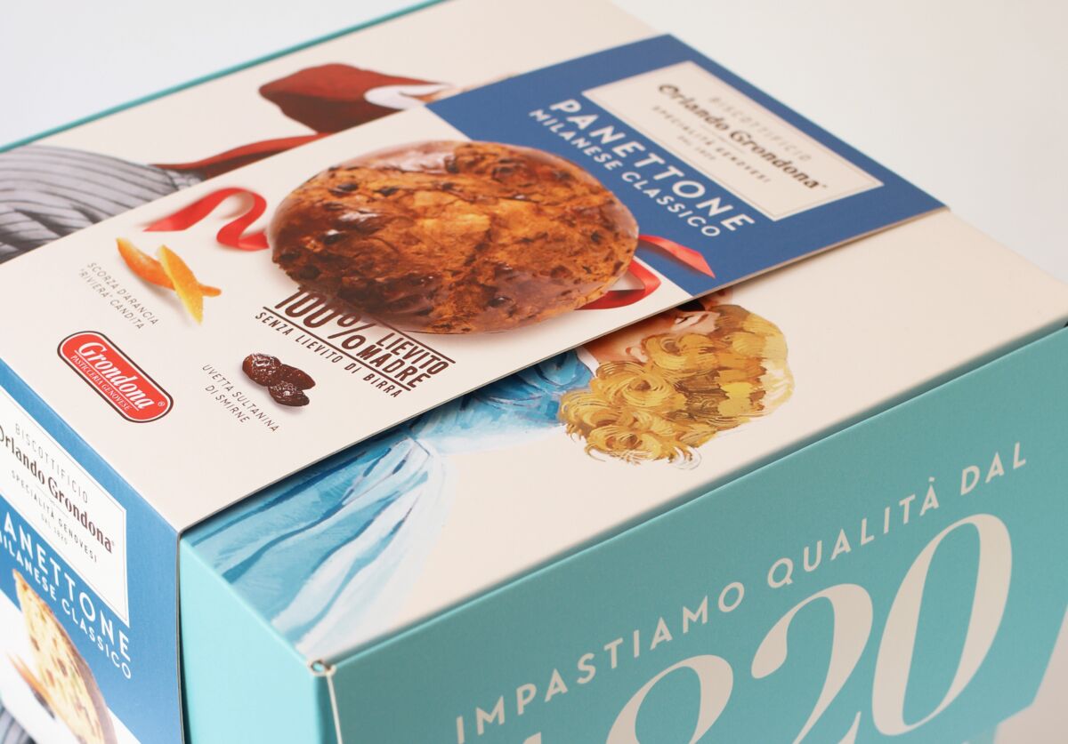 Confezione panettone classico Grondona. Lievito madre, uvetta e arancia candita. Dolce natalizio artigianale.