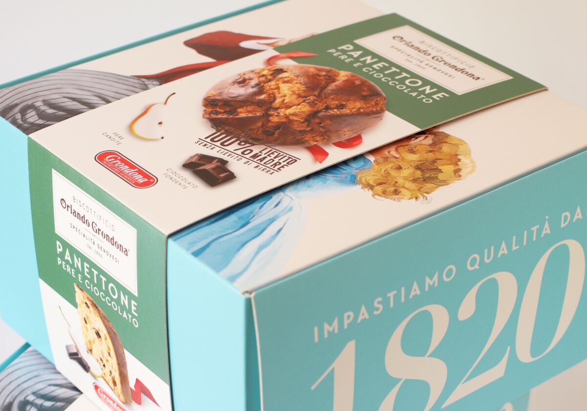 Panettone Grondona pere e cioccolato. Lievito madre, specialità natalizia.