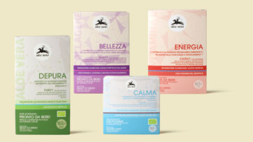 Confezioni della linea di integratori biologici Alce Nero: Depura, Bellezza, Energia e Calma su sfondo color crema.