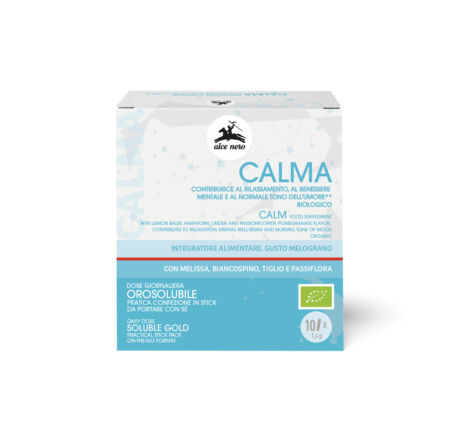 Confezione di Alce Nero Calma, integratore alimentare biologico per il rilassamento.