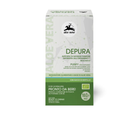 Alce Nero Depura, integratore alimentare biologico a base di aloe vera e succo di mirtillo.