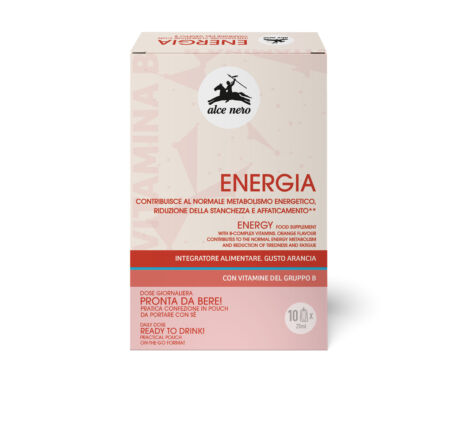 Confezione integratore alimentare Alce Nero Energia. Integratore con vitamine gruppo B, gusto arancia.