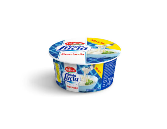 Confezione di Stracciatella Santa Lucia Galbani, formaggio fresco cremoso in vaschetta da 150g, prodotto italiano.