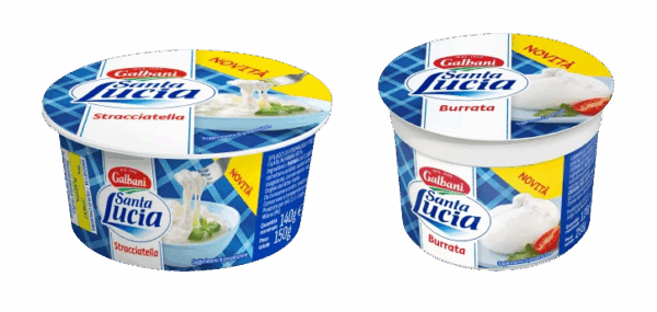 Confezioni di Stracciatella e Burrata Santa Lucia Galbani, formaggi freschi in vaschetta con etichetta Novità.