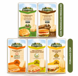 Confezioni di affettati GranTerre: formaggio a fette, Asiago DOP, Pecorino Toscano DOP e Provolone Valpadana DOP.