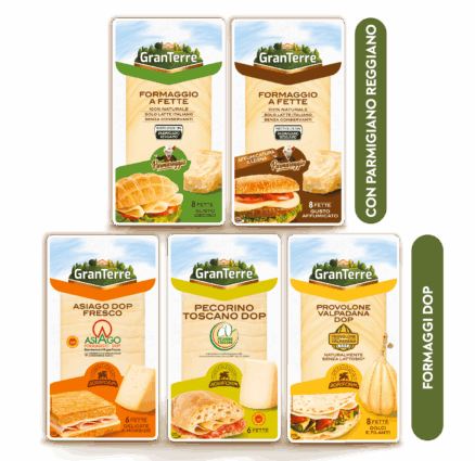 Confezioni di affettati GranTerre: formaggio a fette, Asiago DOP, Pecorino Toscano DOP e Provolone Valpadana DOP.