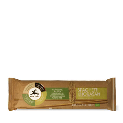 Confezione di spaghetti di grano Khorasan biologico Alce Nero in carta plastic free, formato da 500g.