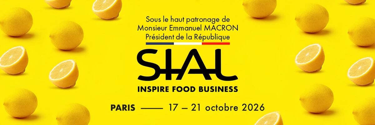 SIAL Paris 2026: fiera agroalimentare. Logo su sfondo giallo con limoni. Innovazione e sostenibilità.