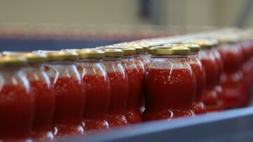 File di passata di pomodoro in barattoli di vetro. Produzione alimentare.