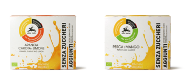 Bevande Alce Nero bio senza zuccheri aggiunti: arancia carota limone, pesca mango. Succhi di frutta biologici.