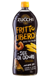 Olio Zucchi Fritto Libero: olio ideale per friggere, riduce gli odori. Bottiglia da 1 litro.