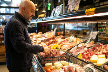 Uomo al banco taglio. Salumi, formaggi e carni fresche in vendita. Luci e ombre.