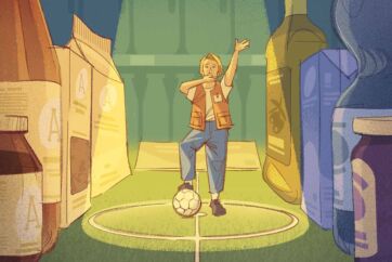 Illustrazione di PL e IDM: uomo con pallone da calcio tra prodotti alimentari. Armonia e convenienza.
