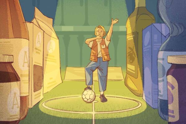 Illustrazione di PL e IDM: uomo con pallone da calcio tra prodotti alimentari. Armonia e convenienza.