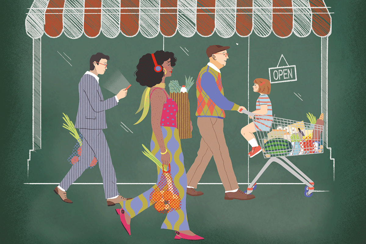 Illustrazione Retail in movimento: persone fanno shopping. Carrello spesa, negozio con tenda e scritta Open.