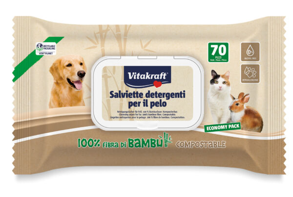 Salviette bambù per animali Vitakraft. Salviette detergenti eco-friendly per cani, gatti e conigli.