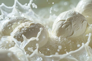 Mozzarella di latte fresco. Specialità casearia del Lazio. Gocce di latte.