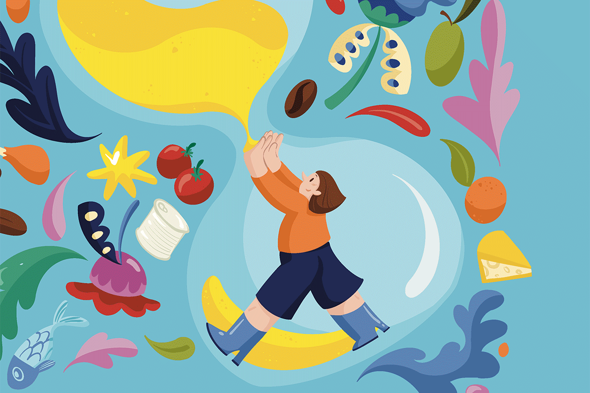 Illustrazione cibo: persona su banana circondata da frutta, verdura e altri alimenti. Costo nascosto del cibo.