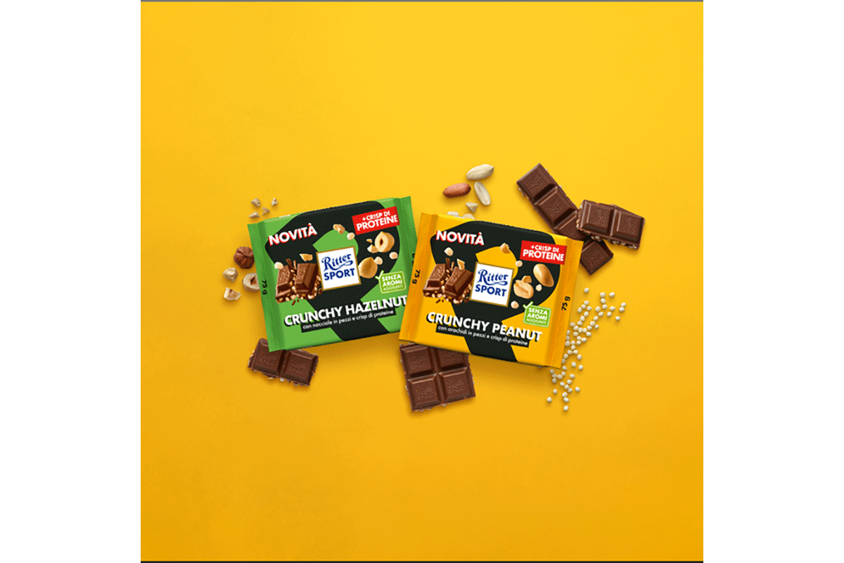 Cioccolato proteico Ritter Sport: barrette Crunchy Hazelnut e Peanut. Snack proteici con nocciole e arachidi.