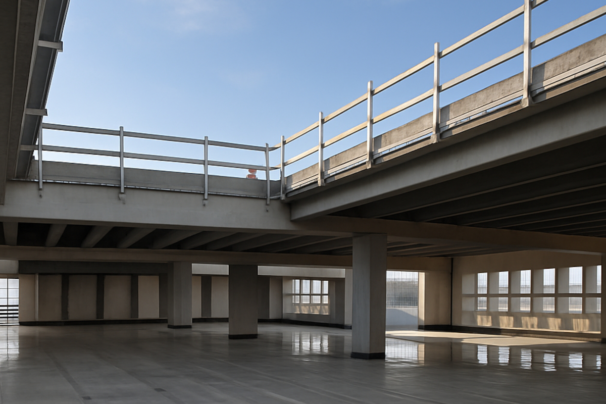 Uffici in costruzione, Ravilificio Scoiattolo. Struttura in cemento armato, design industriale. - Raviolificio Scoiattolo, Architettura moderna.