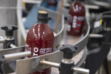 Bottiglie Andrea Milano su nastro trasportatore. Aceto balsamico di Modena IGP. Produzione alimentare.