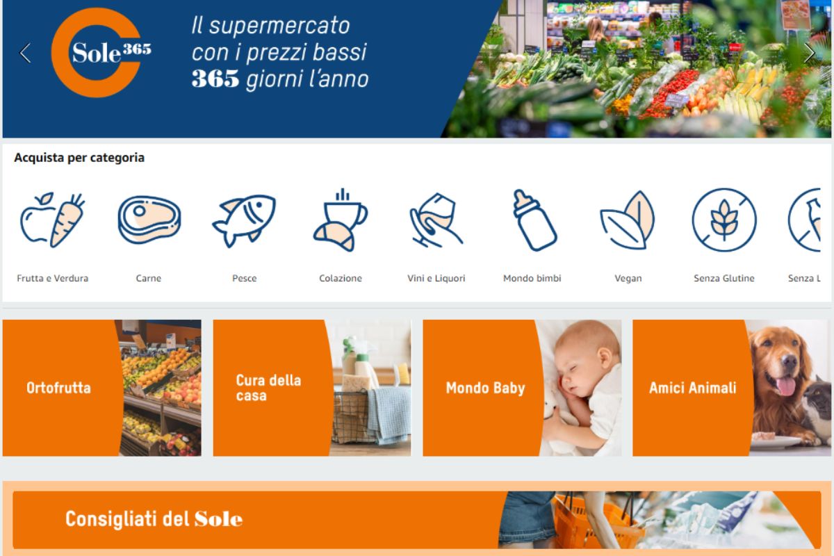 Sole365 e Amazon: spesa online in Campania. Categorie prodotti: frutta, verdura, carne, baby, casa, animali.