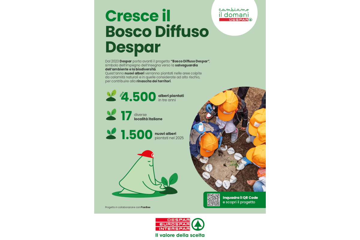 Locandina Despar: progetto Bosco Diffuso. Piantumazione alberi, salvaguardia ambiente, biodiversità, rinascita territori.