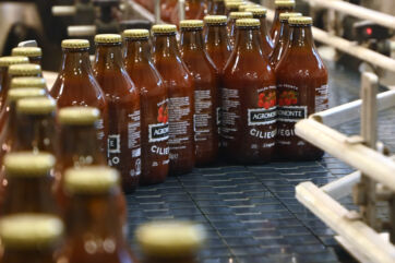 Bottigliette di salsa Agromonte ciliegino su linea di produzione. Salsa pronta, produzione alimentare.