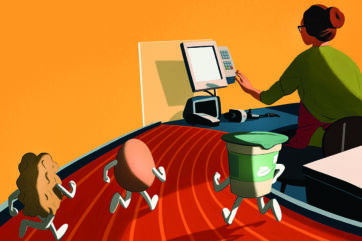 Illustrazione divertente: cibo che corre verso la cassa. Bozza automatica.