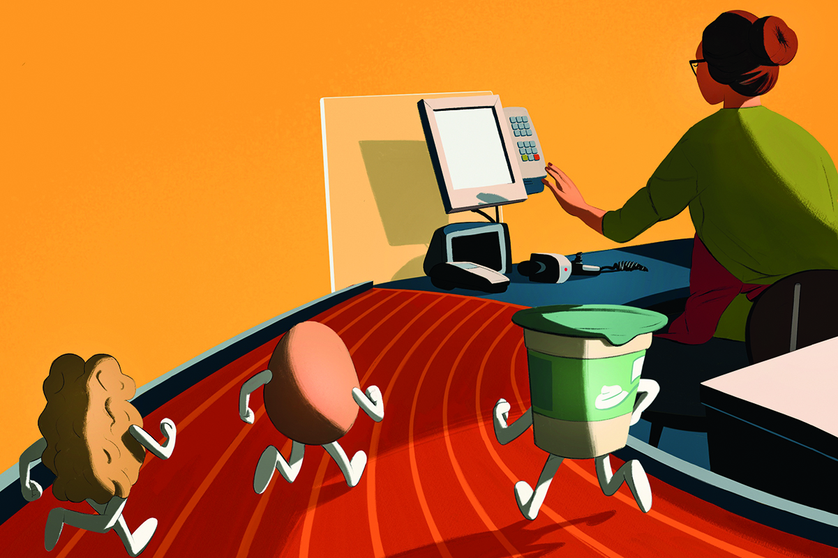 Illustrazione divertente: cibo che corre verso la cassa. Bozza automatica.
