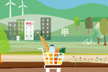 Illustrazione Gruppo Selex: bilancio sostenibilità, energia eolica, pannelli solari, carrello spesa con alimenti.