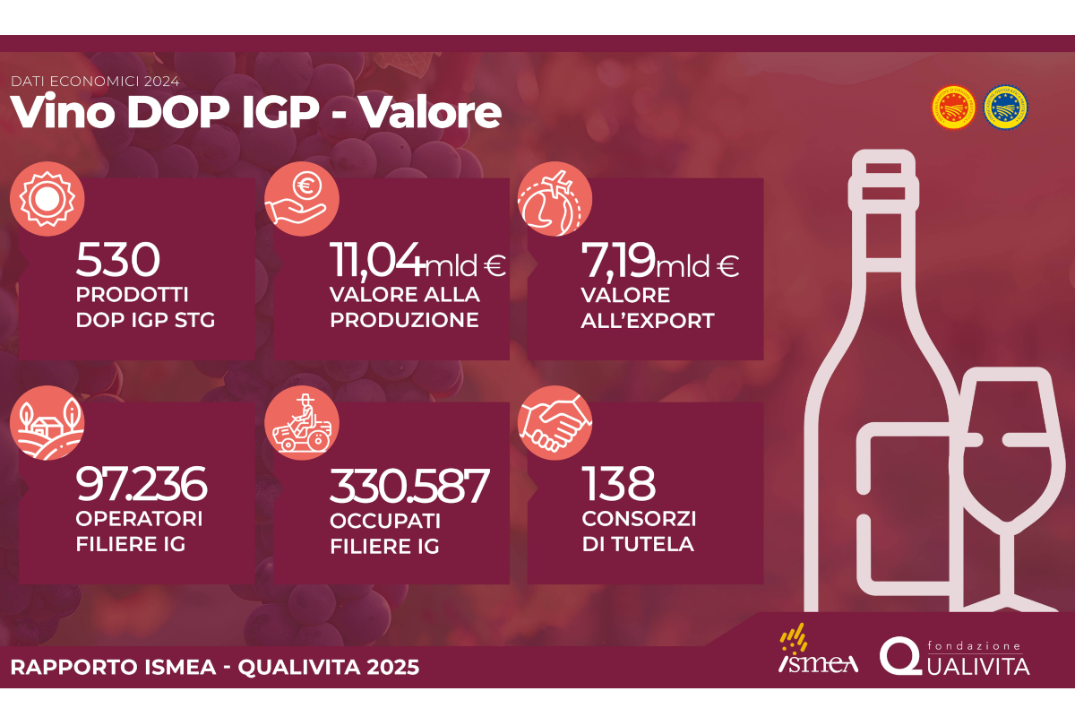 Infografica vino DOP IGP: valore produzione, export, operatori e consorzi. Rapporto ISMEA Qualivita 2025.