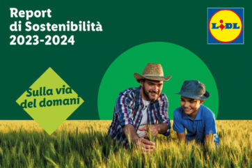 Lidl Italia, Copertina Report di Sostenibilità Lidl 2023-2024. Agricoltore e bambino in campo di grano. Impegno per un futuro sostenibile.