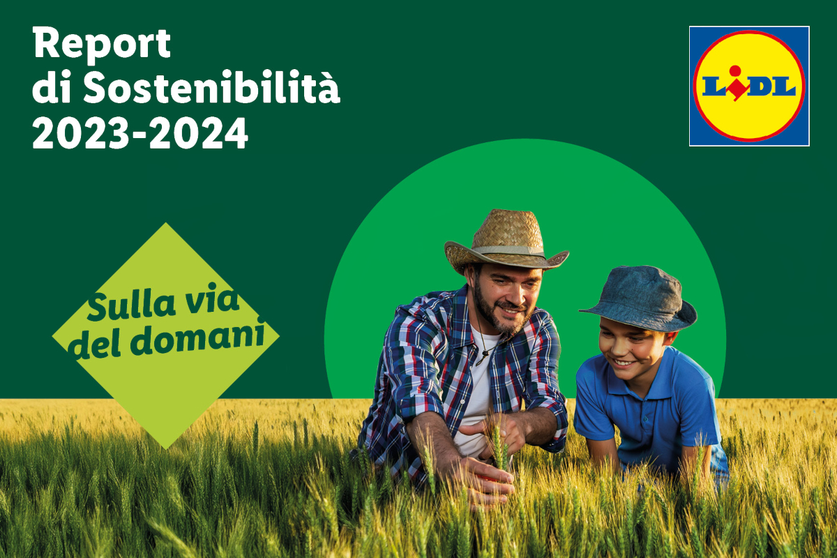 Lidl Italia, Copertina Report di Sostenibilità Lidl 2023-2024. Agricoltore e bambino in campo di grano. Impegno per un futuro sostenibile.