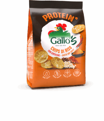 Chips di riso Gallo con lenticchie gusto spicy. Snack proteici senza glutine, non fritti. Riso Gallo, innovazione sostenibile.