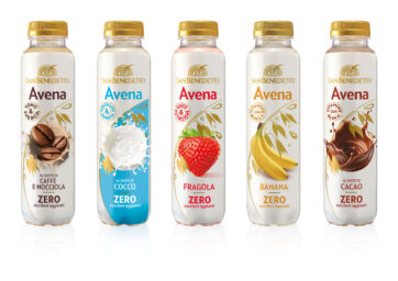 Bottiglie San Benedetto Avena Zero: gusti caffè, cocco, fragola, banana e cacao, bevande vegetali.