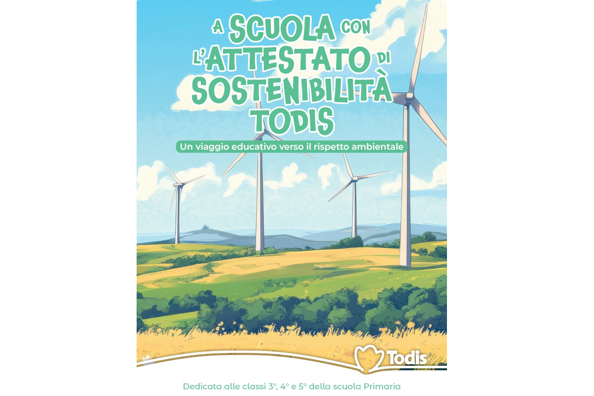 Copertina A Scuola con l'Attestato di Sostenibilità Todis: energia eolica per un futuro sostenibile. Educazione ambientale.