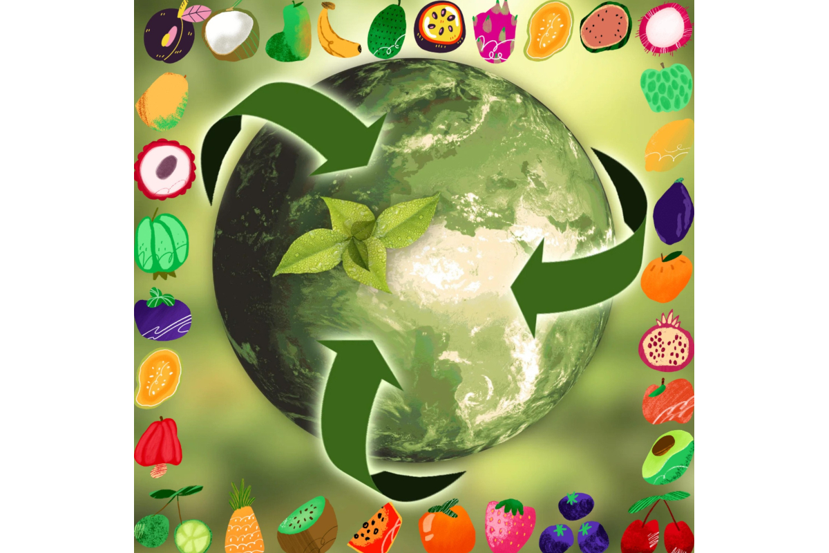 Economia circolare: Terra con frecce di riciclo e frutta. Sostenibilità, consumo responsabile.