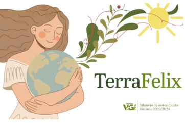 Copertina bilancio sostenibilità TerraFelix: donna abbraccia il mondo, foglie e sole. Impegno ambientale e futuro sostenibile. - VéGé